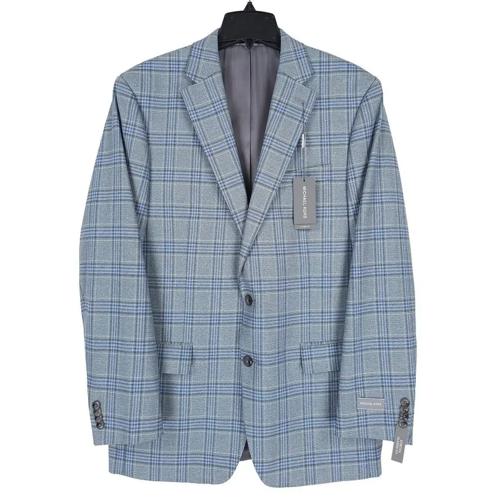 Michael Kors Mens Classic Fit Sport Coat 42L Blue Green Seafoam Plaid Stretch